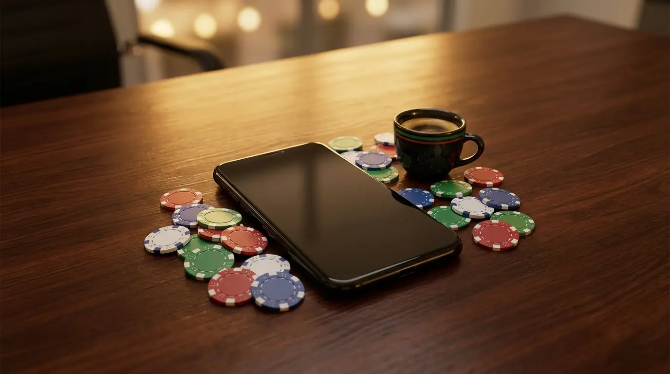Smartphone con chip da casinò e caffè espresso su tavolo