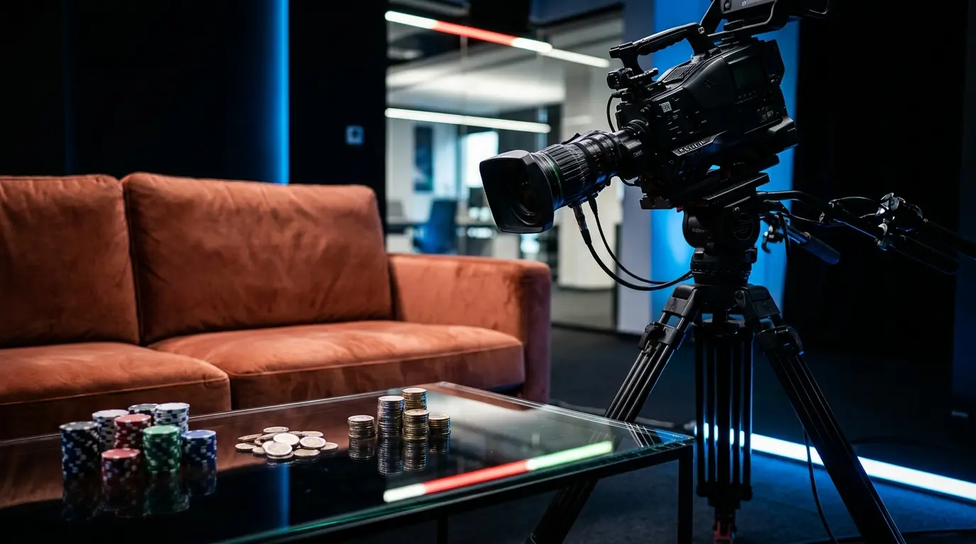 Studio televisivo con fiches da poker e monete per scommesse