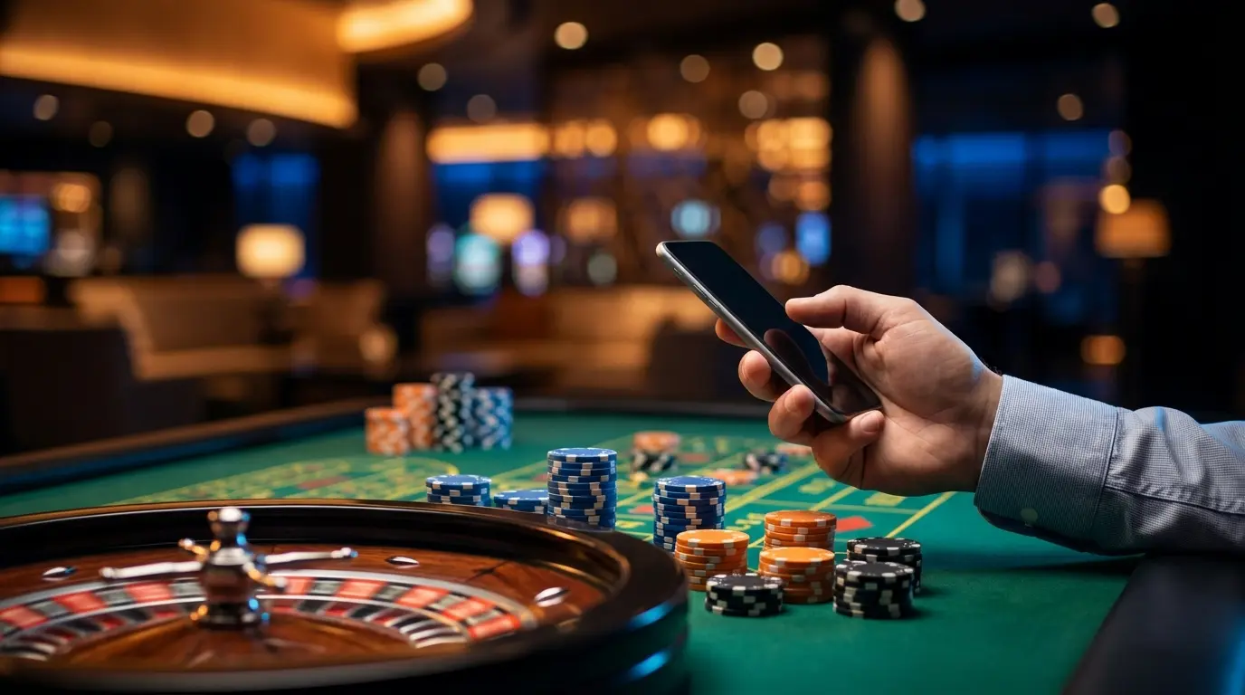 Mano con smartphone sopra chips e roulette da casinò