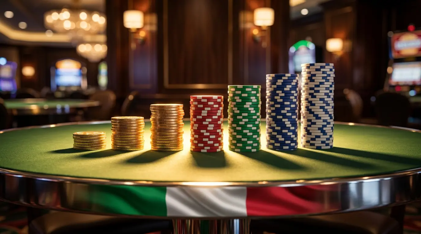 Monete d'oro e fiches da poker su tavolo verde da gioco