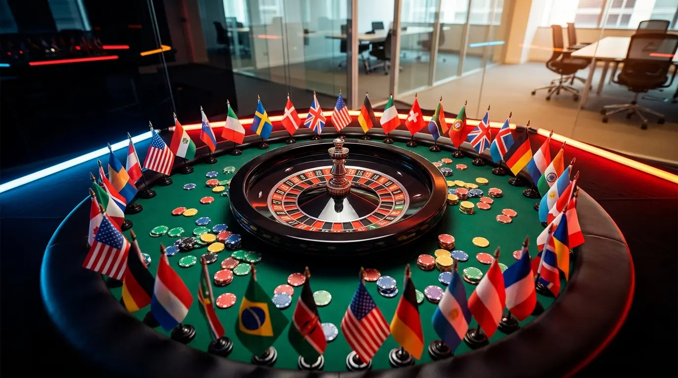 Ruota della roulette circondata da bandiere internazionali e fiches