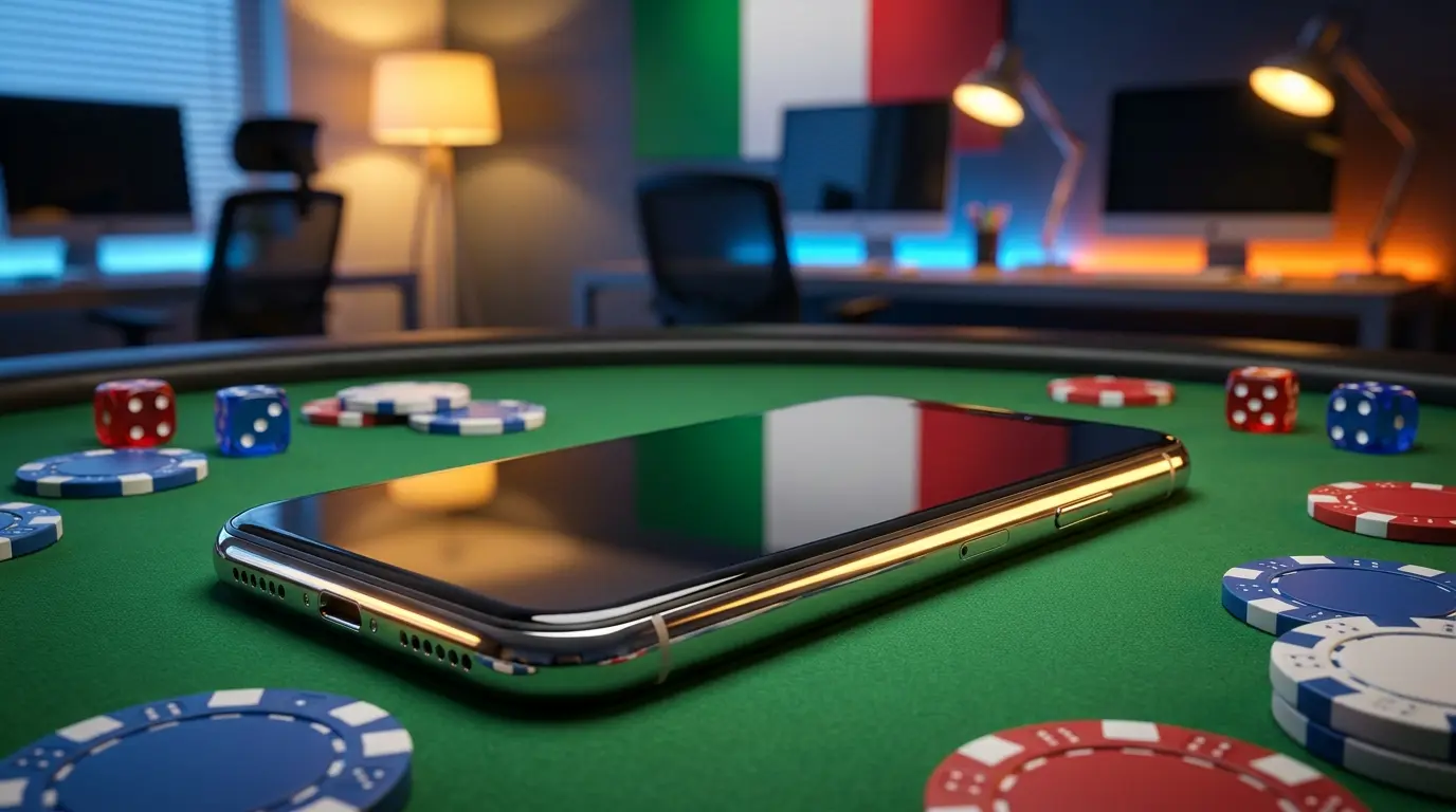 iPhone su tavolo da gioco con fiches e dadi, colori italiani