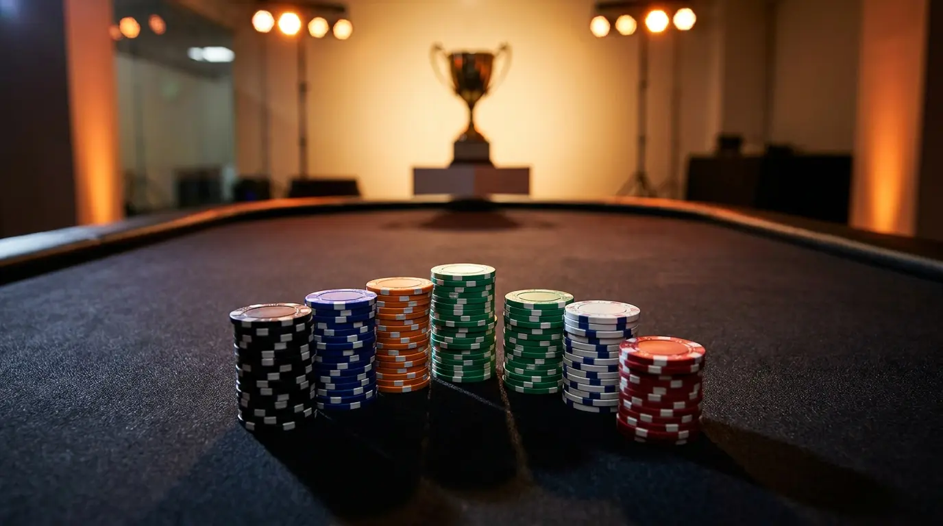 Fiches da gioco con colori italiani e trofeo sfocato