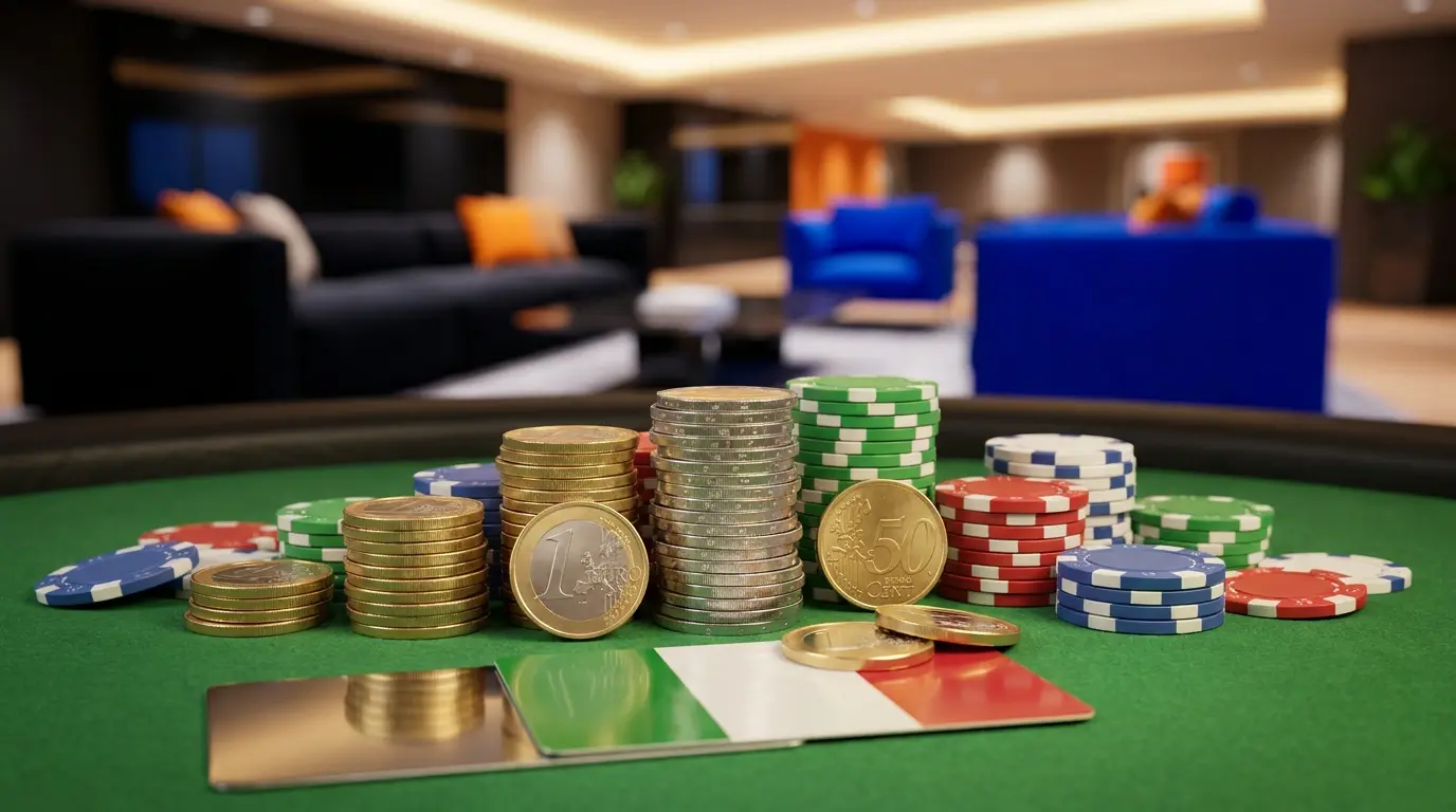 Monete e fiches da poker su tavolo verde con colori italiani