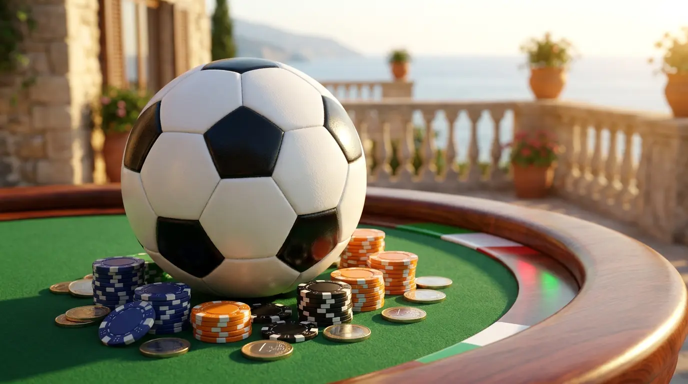 Pallone da calcio con fiches da poker e monete in euro su tavolo verde