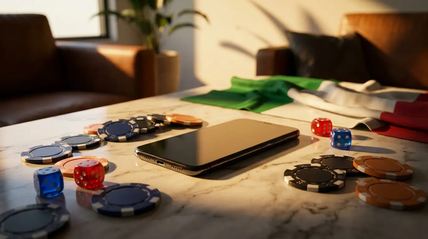 Smartphone con chip da poker e dadi su tavolo di marmo italiano
