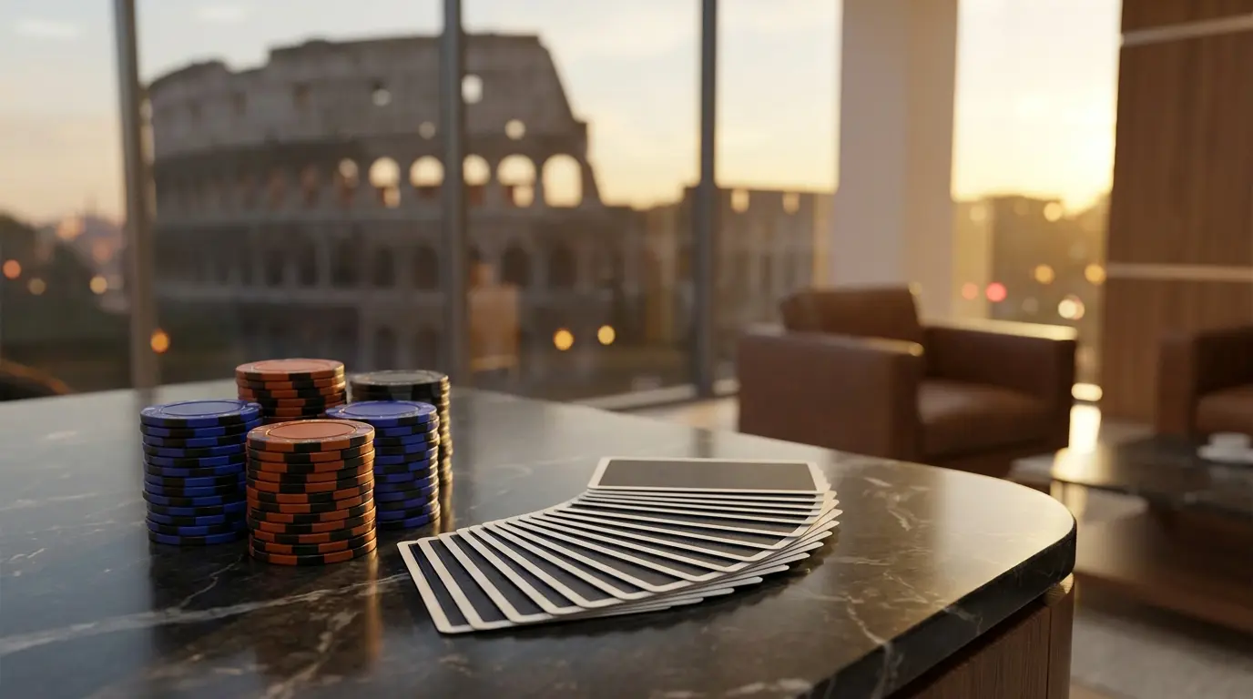Fiches da casinò e carte con silhouette del Colosseo