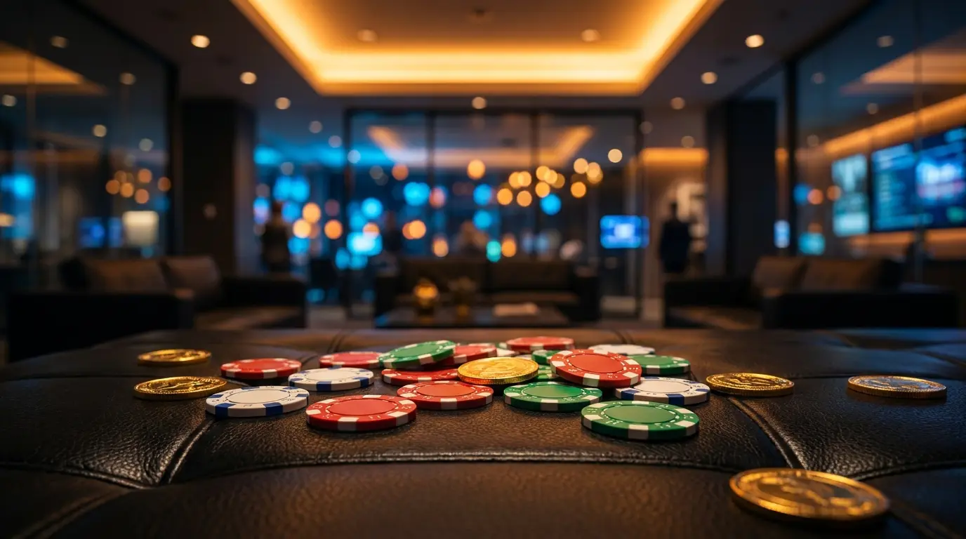 Fiches da casinò e monete dorate disposte su superficie nera
