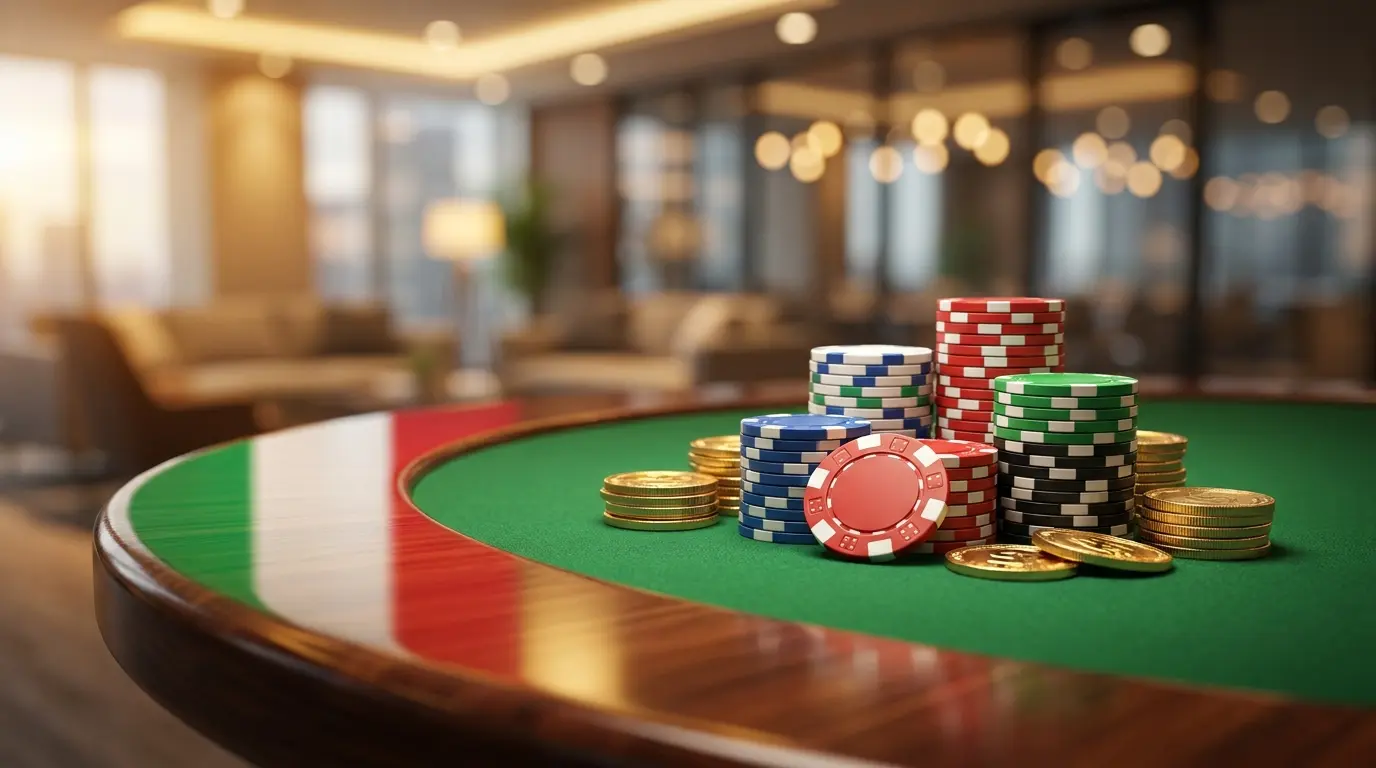 Fiches da poker e monete su tavolo verde con colori italiani