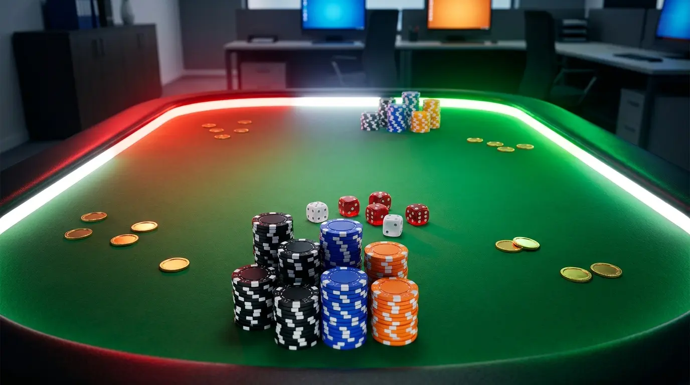 Fiches da poker e dadi su tavolo verde con colori italiani