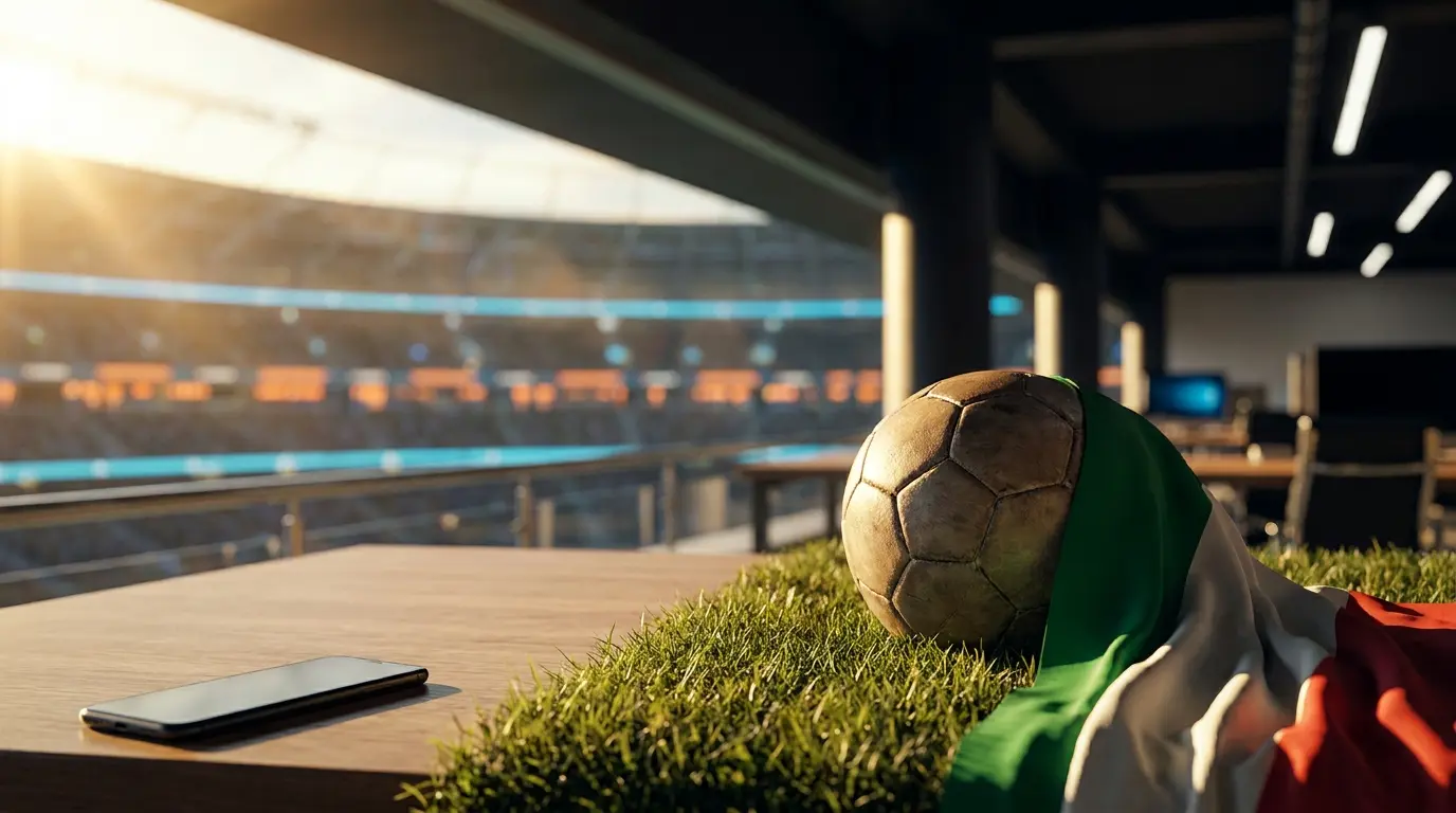 Pallone da calcio con tessuto tricolore italiano su erba verde