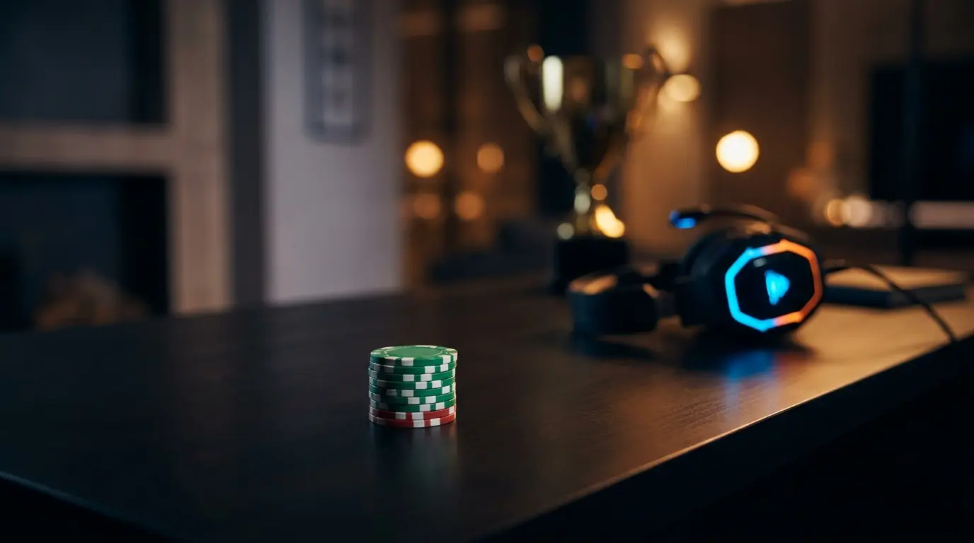 Fiches da gioco e cuffie gaming disposte su sfondo scuro