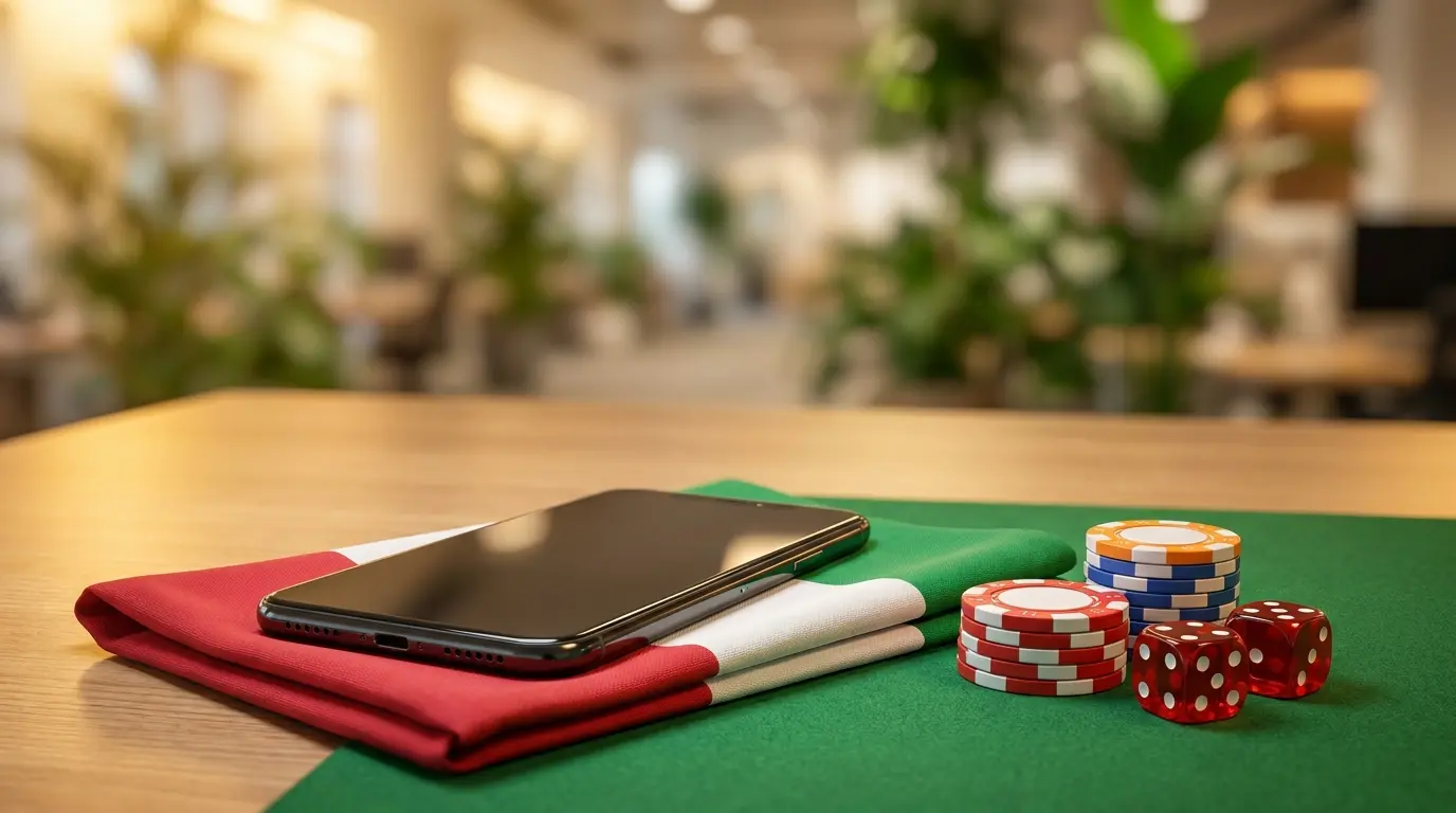 Smartphone su bandiera italiana con fiches da gioco
