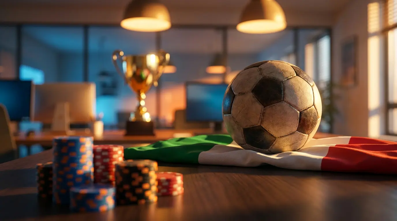 Pallone da calcio su bandiera italiana con fiches da casinò