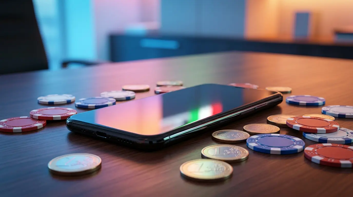 Smartphone con chip da casinò e monete euro su sfondo scuro