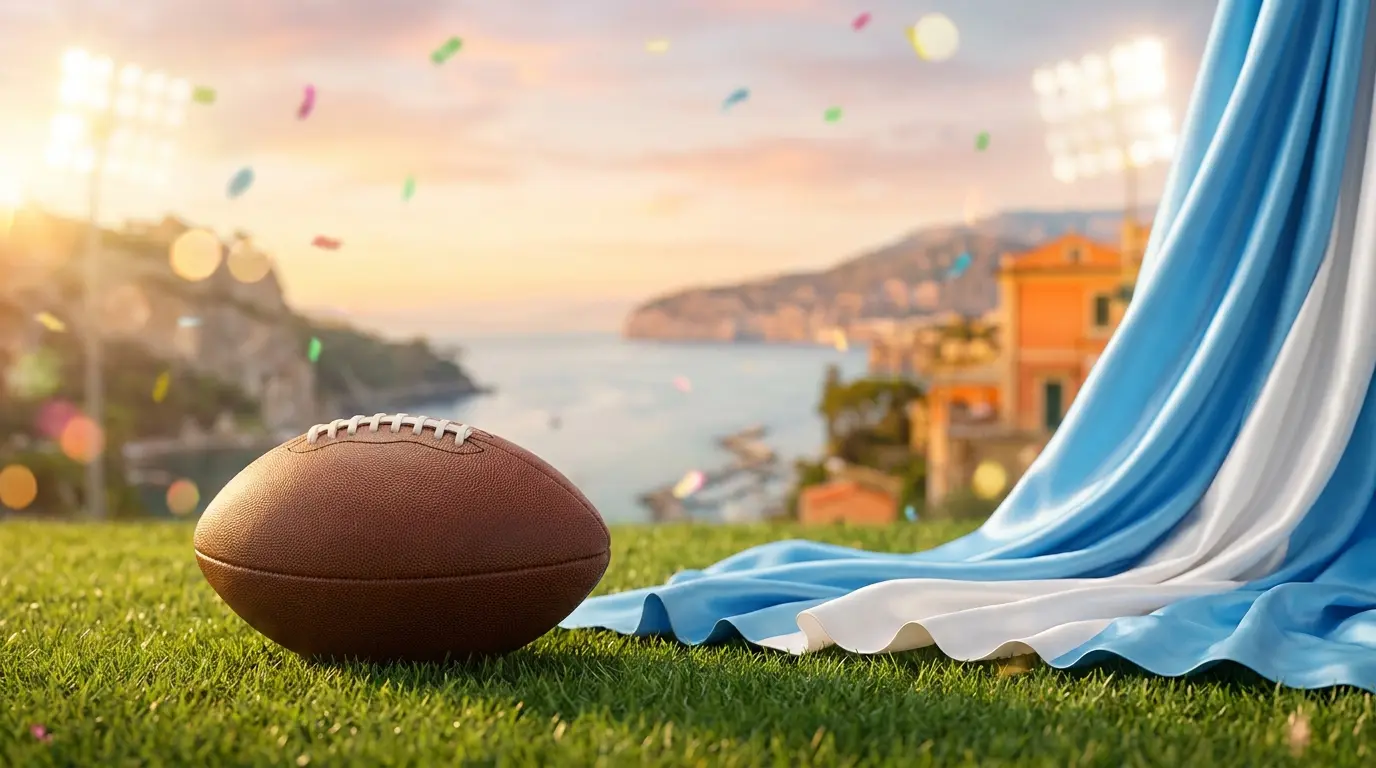 Pallone da calcio con tessuto azzurro e tramonto italiano