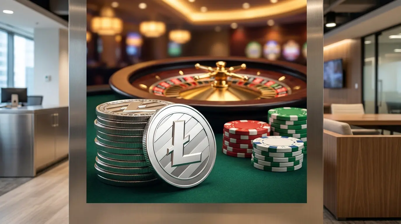 Monete Litecoin e fiches da poker su tavolo da gioco verde