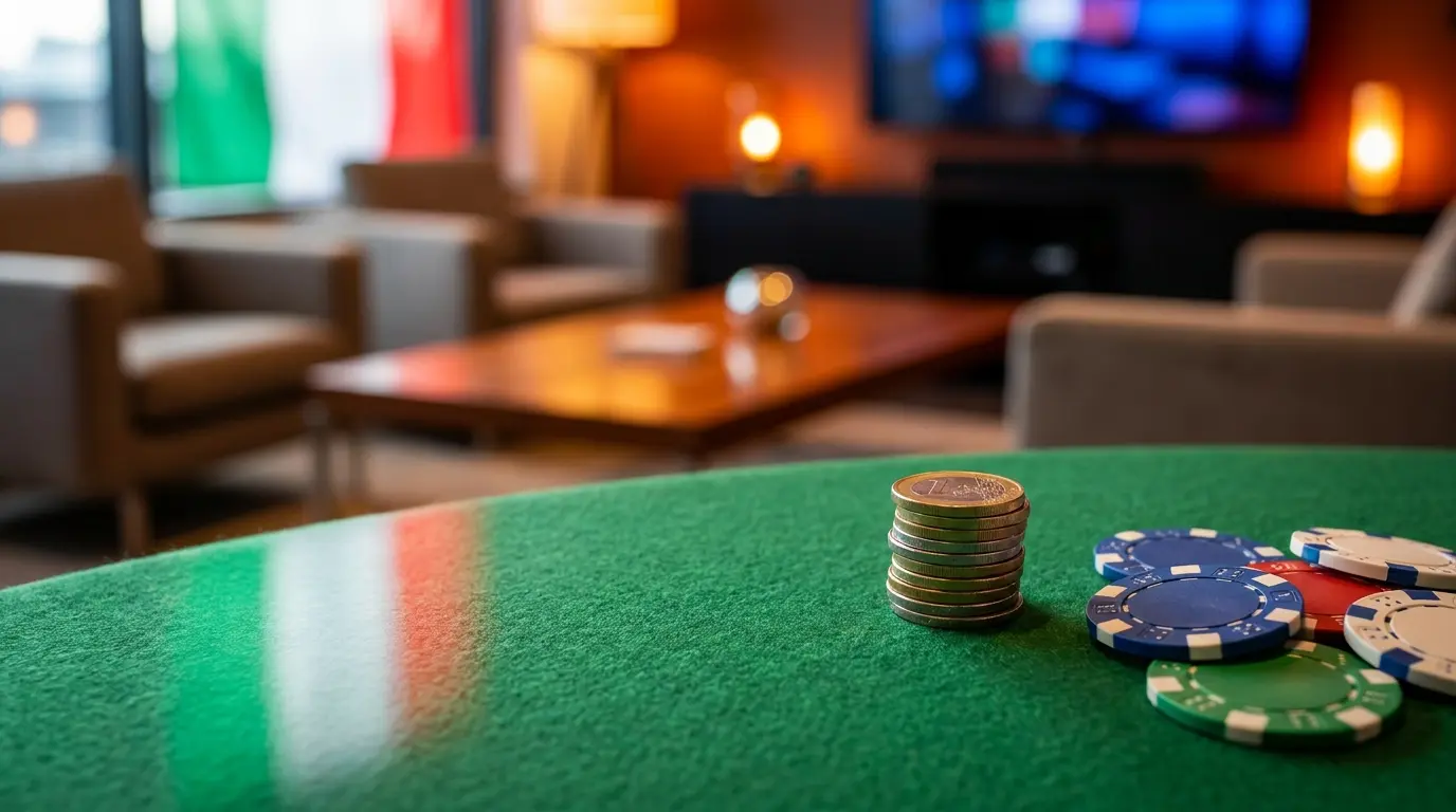 Monete euro e fiches da poker su tavolo verde da gioco