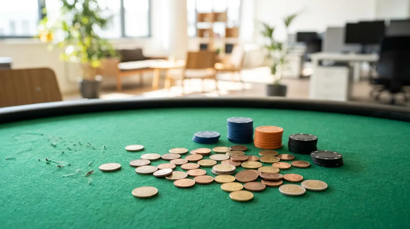 Monete euro e fiches da gioco su tavolo da casinò verde