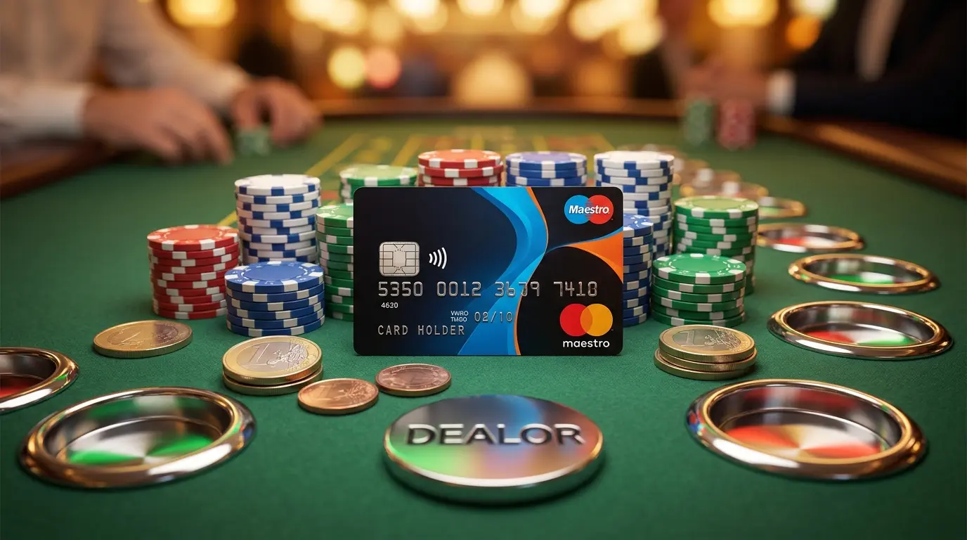 Carta Maestro con fiches da poker e monete euro su tavolo da casinò