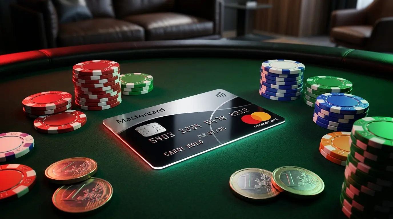 Carta Mastercard con fiches da poker e monete euro su tavolo da gioco