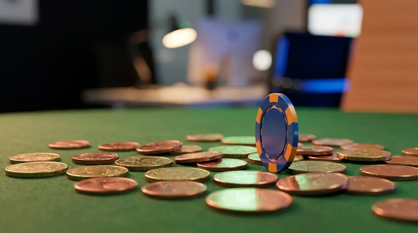 Monete e fiches da gioco su tavolo verde per micropuntate