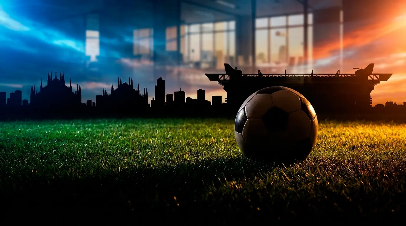 Pallone da calcio con skyline di Milano e San Siro sullo sfondo