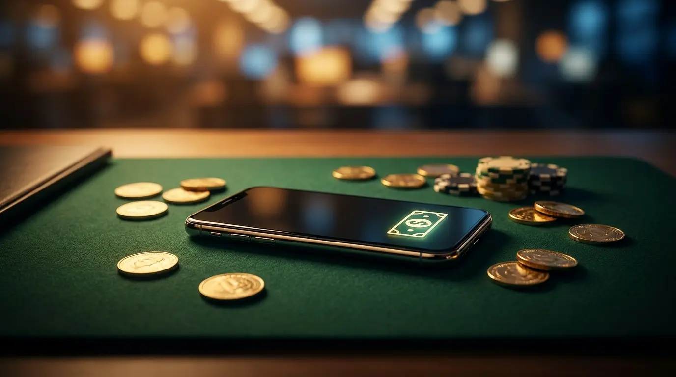 Smartphone con fiches e monete su tavolo da gioco