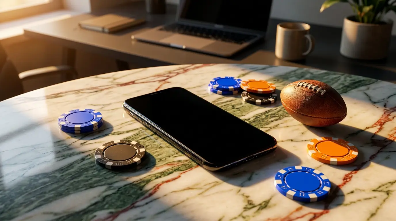 Smartphone con fiches da casino e pallone su superficie italiana