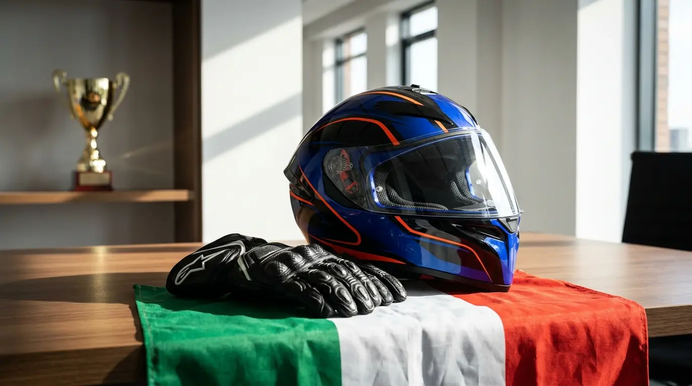 Casco da moto e trofeo con bandiera italiana