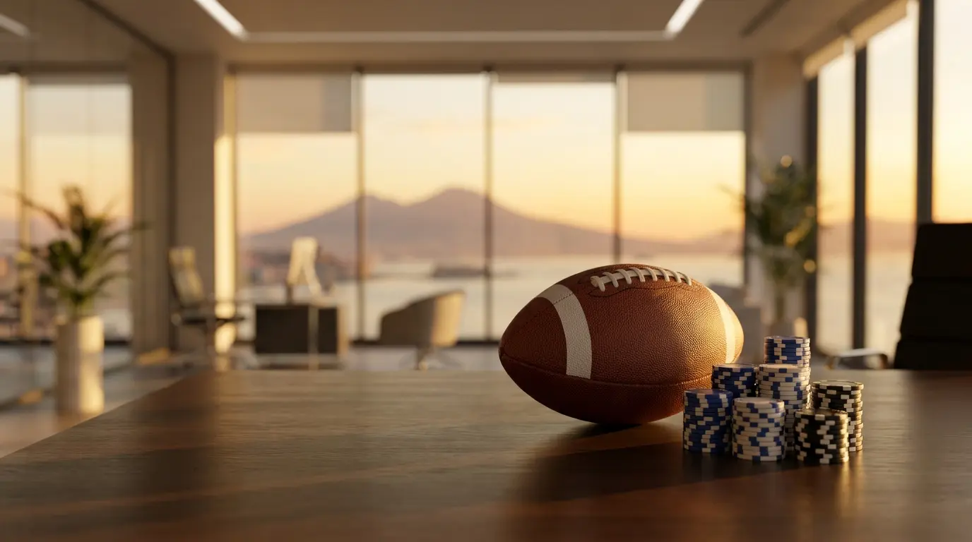 Pallone e fiches da poker con vista sul golfo di Napoli