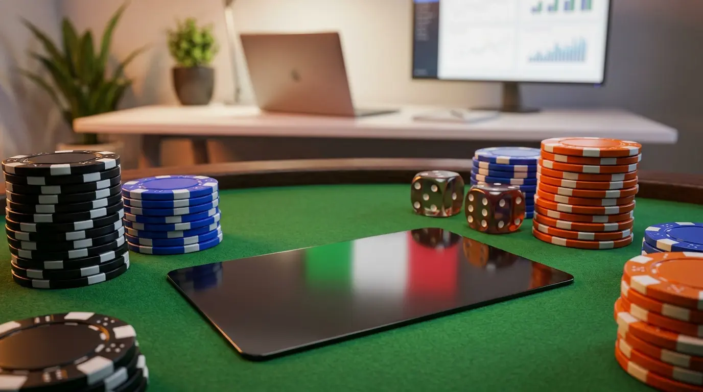 Carta prepagata su tavolo da casinò con fiches e dadi
