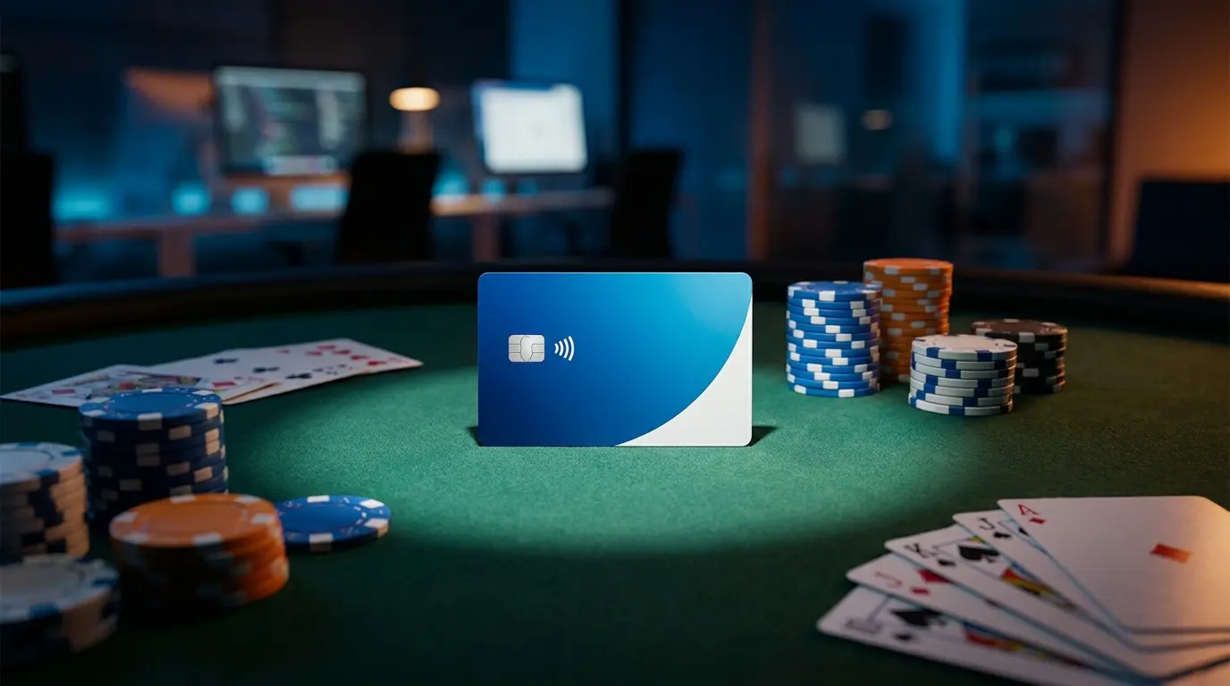 Carta di pagamento con fiches da casinò su tavolo verde