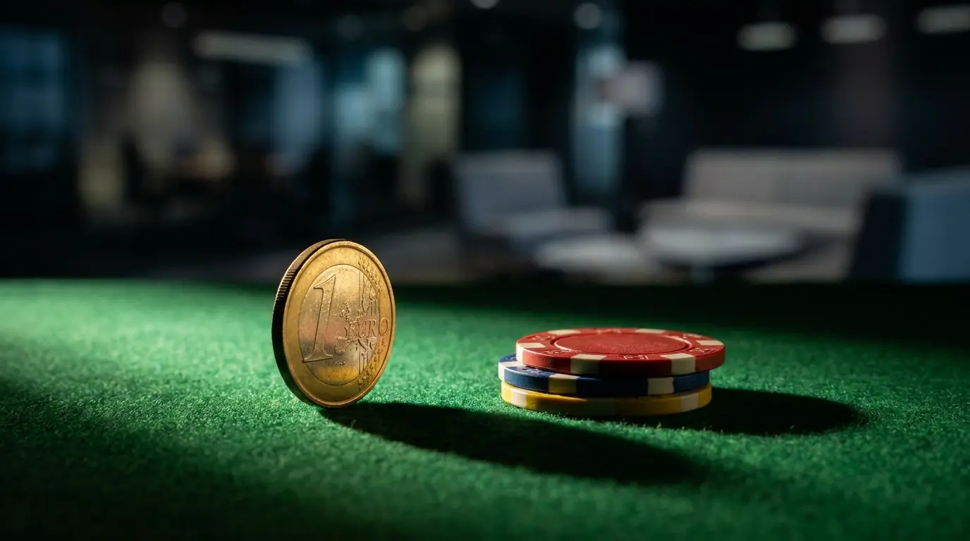 Moneta da un euro e fiches da casinò su feltro verde
