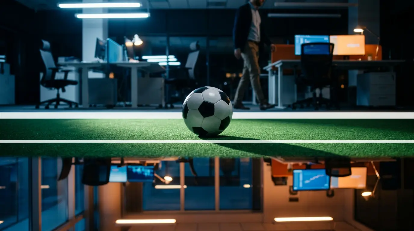 Pallone da calcio su campo con linee che dividono sopra e sotto