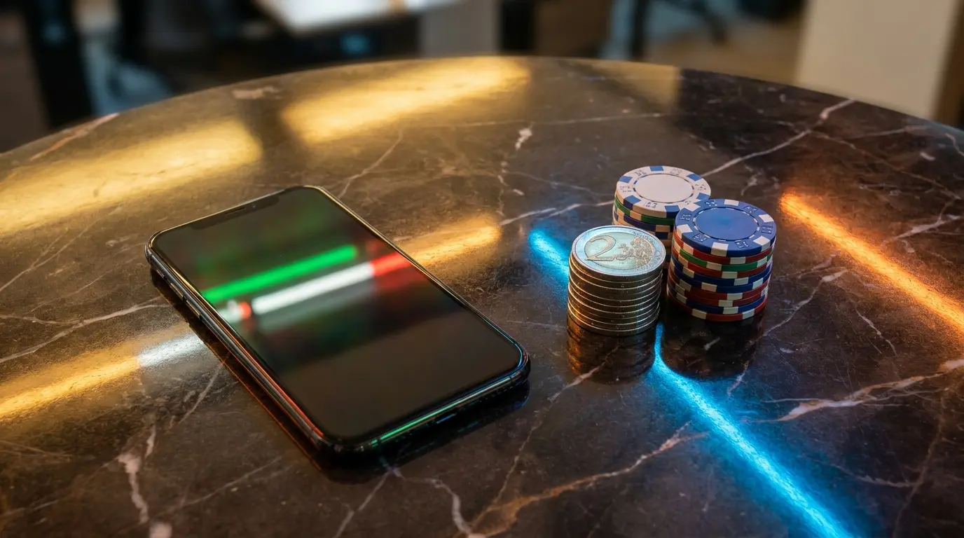 Smartphone con monete euro e fiches da casinò su marmo italiano