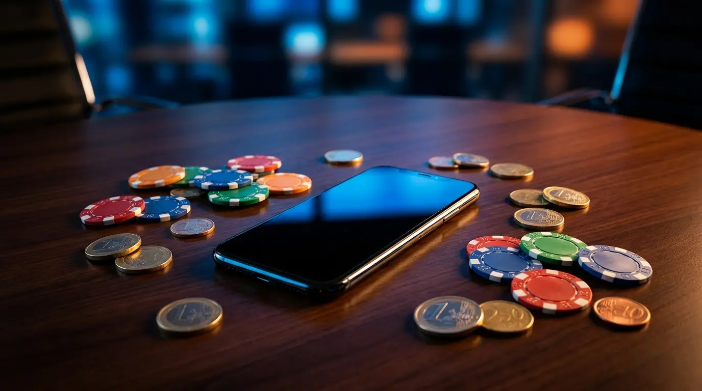 Smartphone circondato da chip da casinò e monete euro