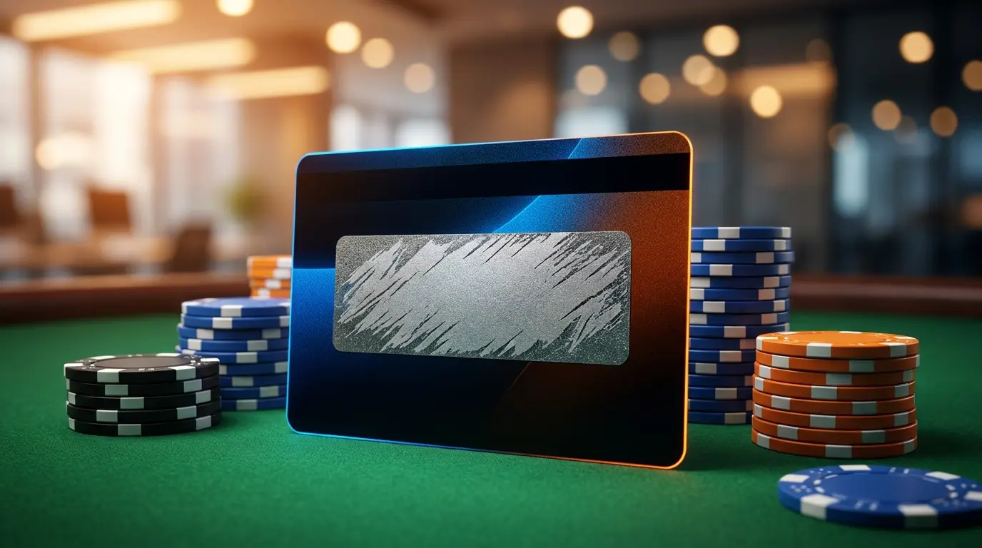 Carta prepagata con chip da poker su tavolo da gioco