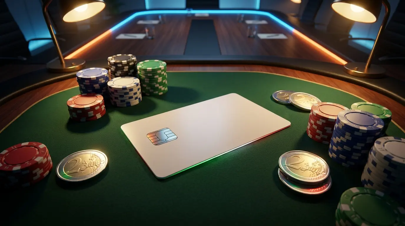 Carta prepagata con fiches da poker e monete euro su tavolo da casinò
