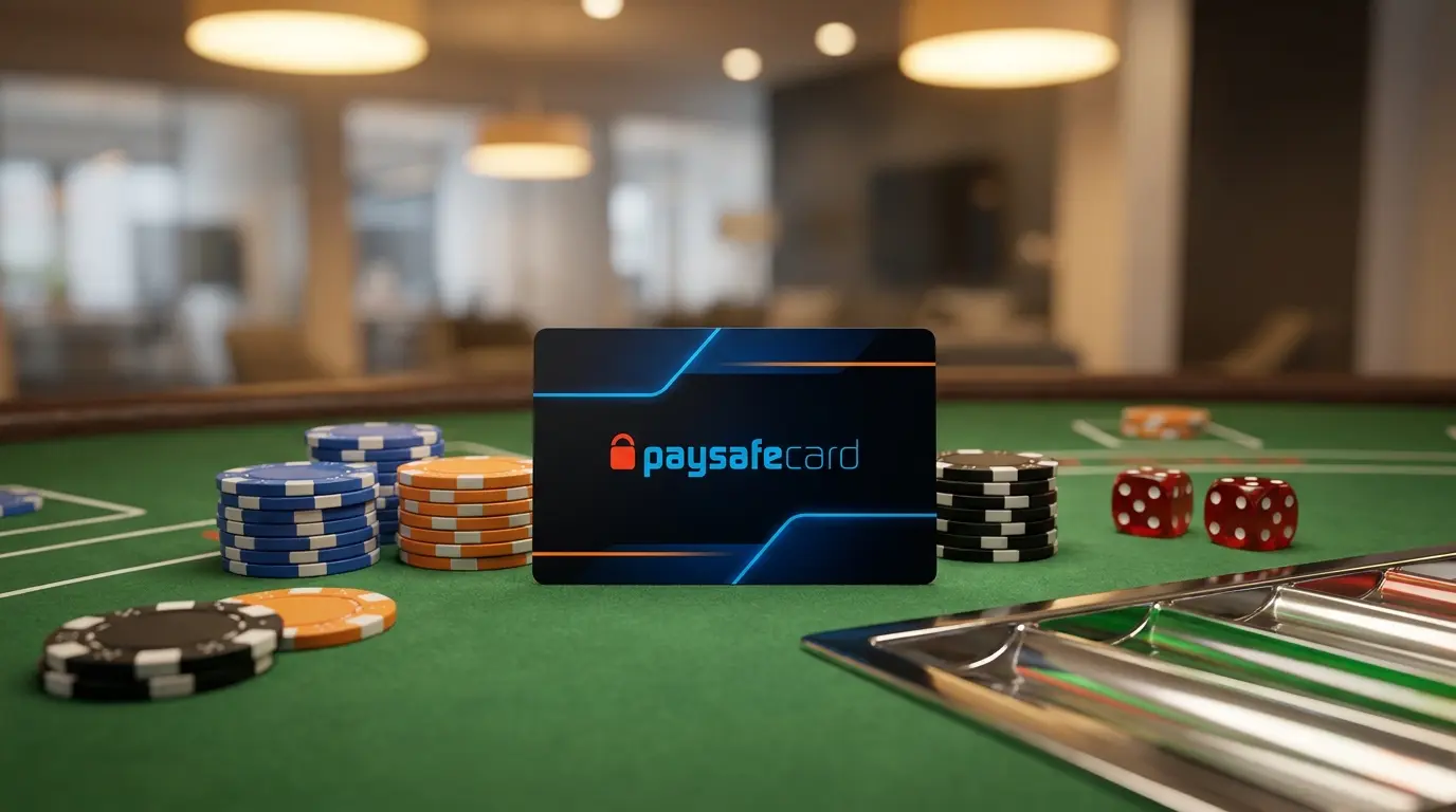 Carta prepagata Paysafecard con fiches da casinò su tavolo verde