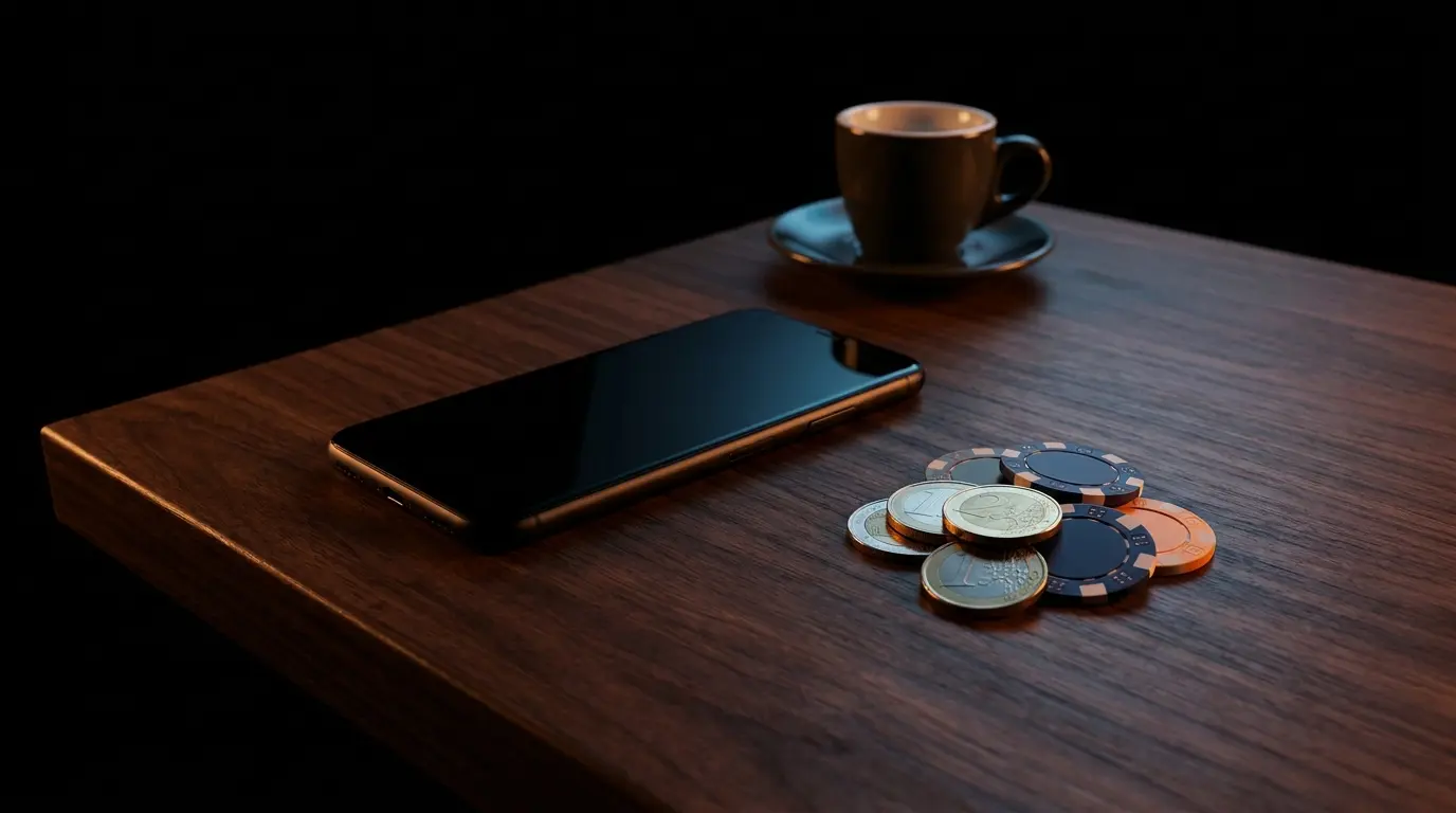 Smartphone con monete euro e fiches da gioco su tavolo