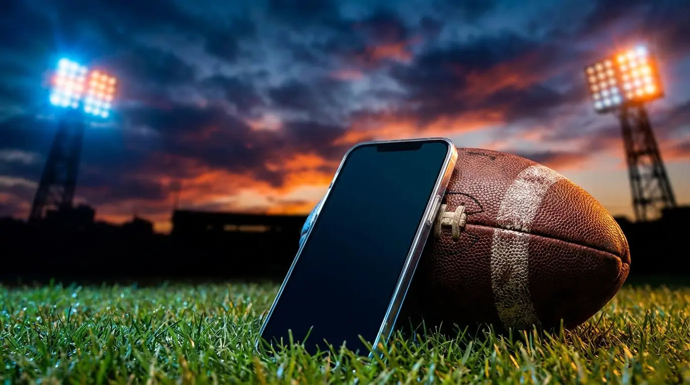 Smartphone e pallone su campo con luci stadio al tramonto