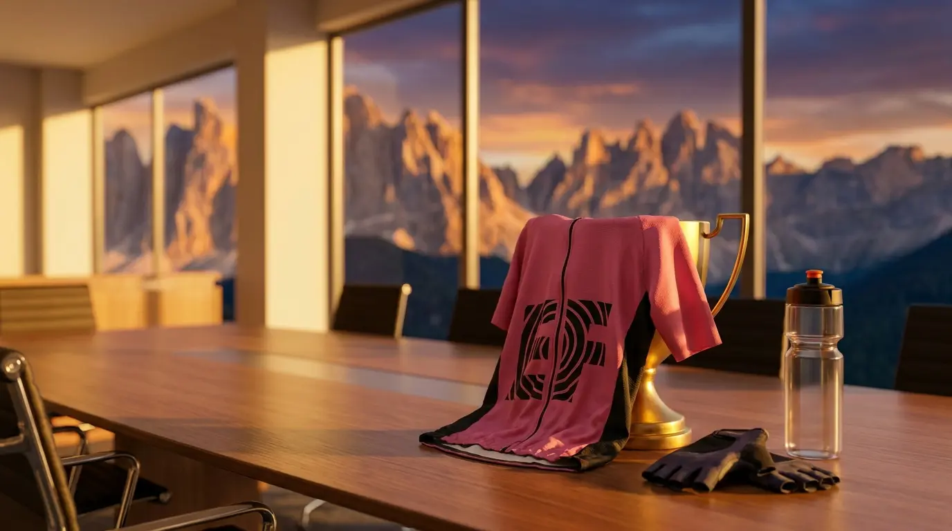 Maglia rosa con trofeo e panorama delle Alpi italiane