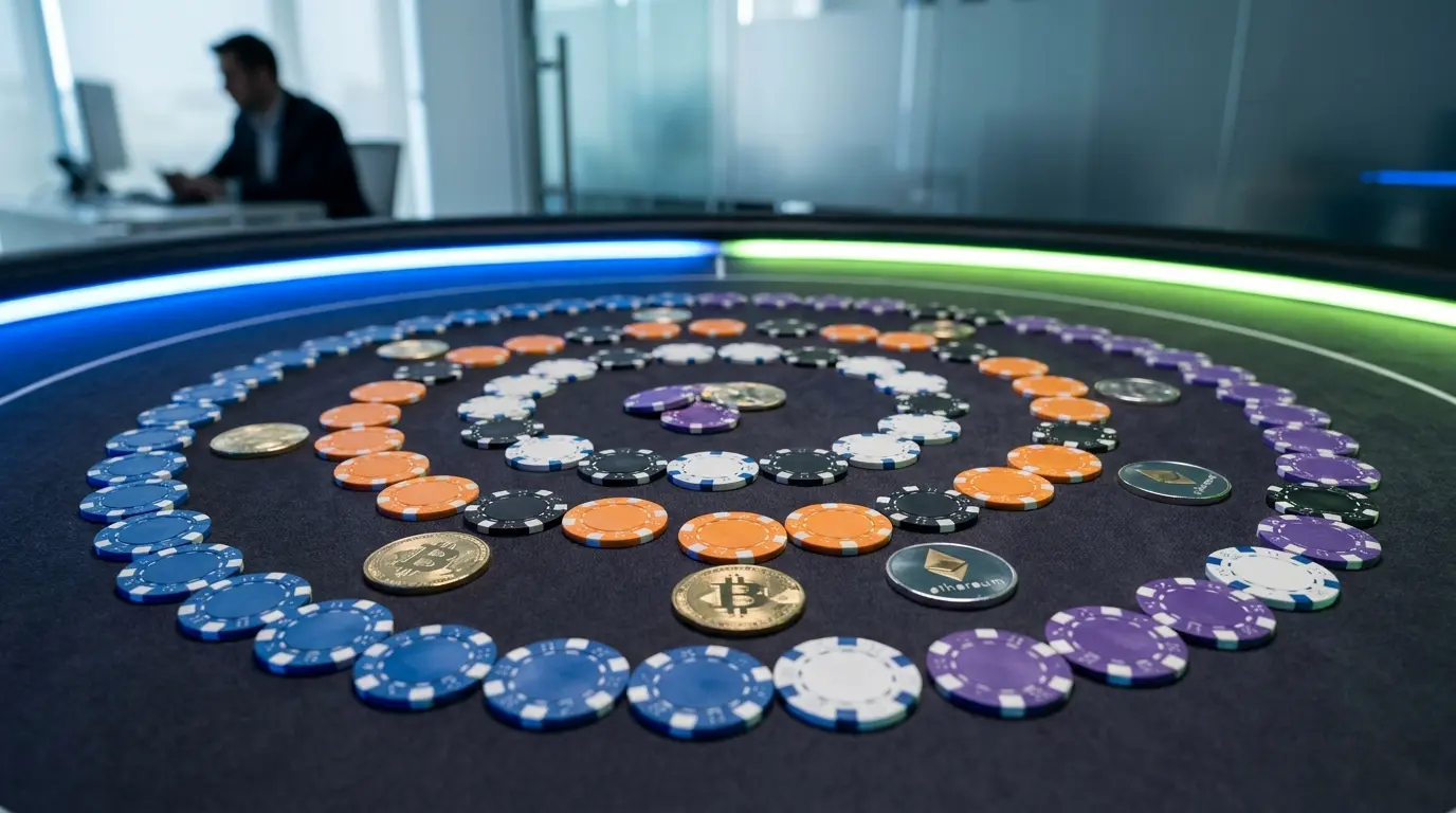 Chips da poker e monete crypto su tavolo da gioco