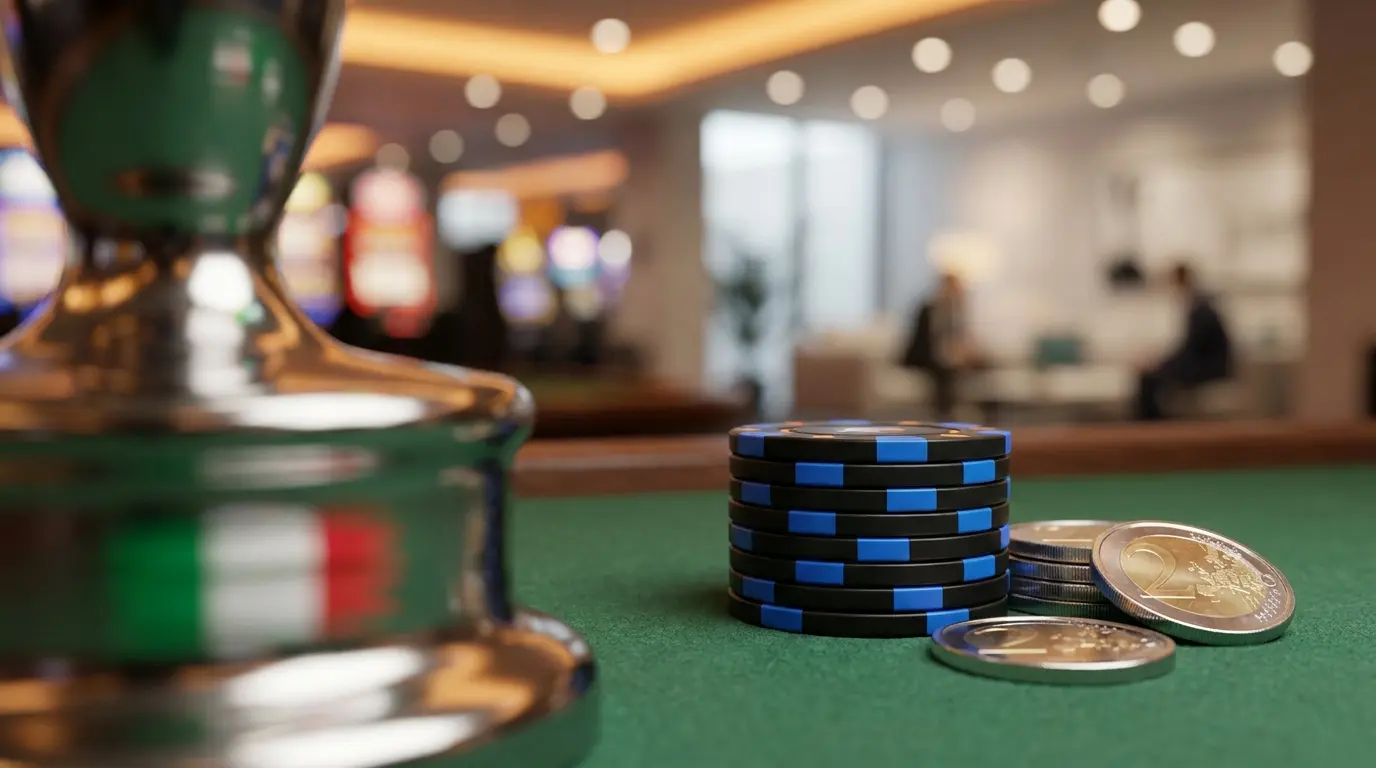 Fiches da poker e monete euro su tavolo da gioco verde