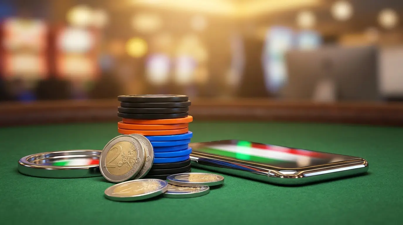 Fiches da poker e monete euro su tavolo verde da gioco