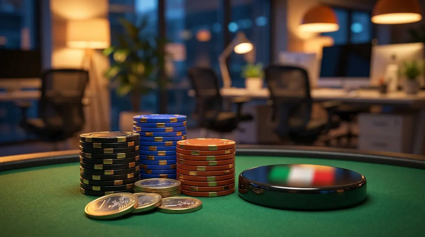 Fiches da poker e monete euro su tavolo verde da gioco