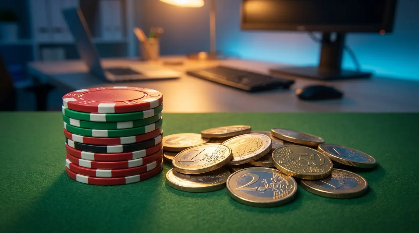 Chip da poker e monete euro su tavolo verde