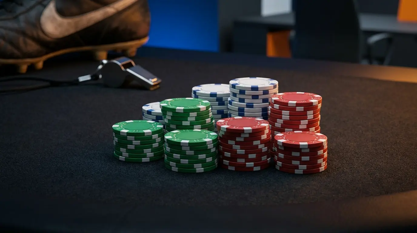 Fiches da gioco disposte con oggetti sportivi su tavolo