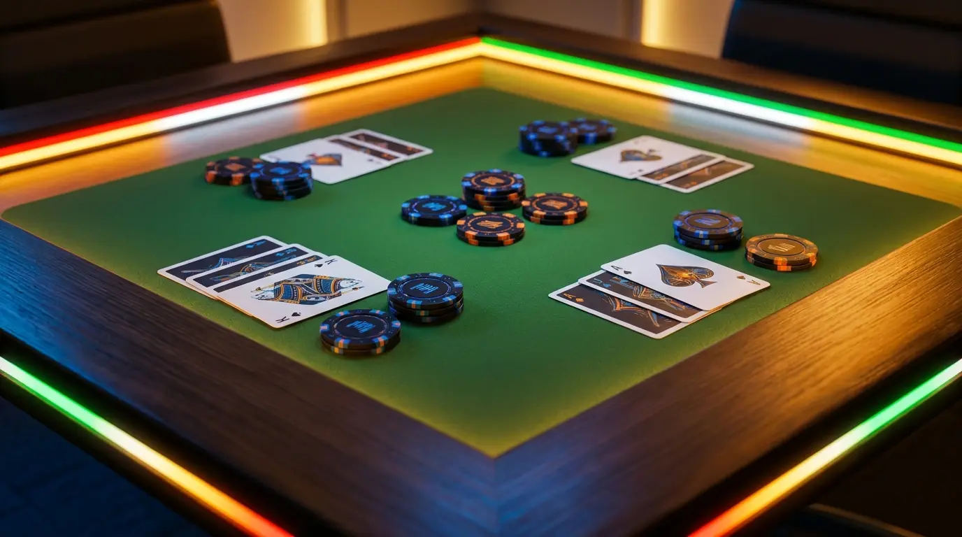 Fiches e carte da gioco su tavolo verde del casinò